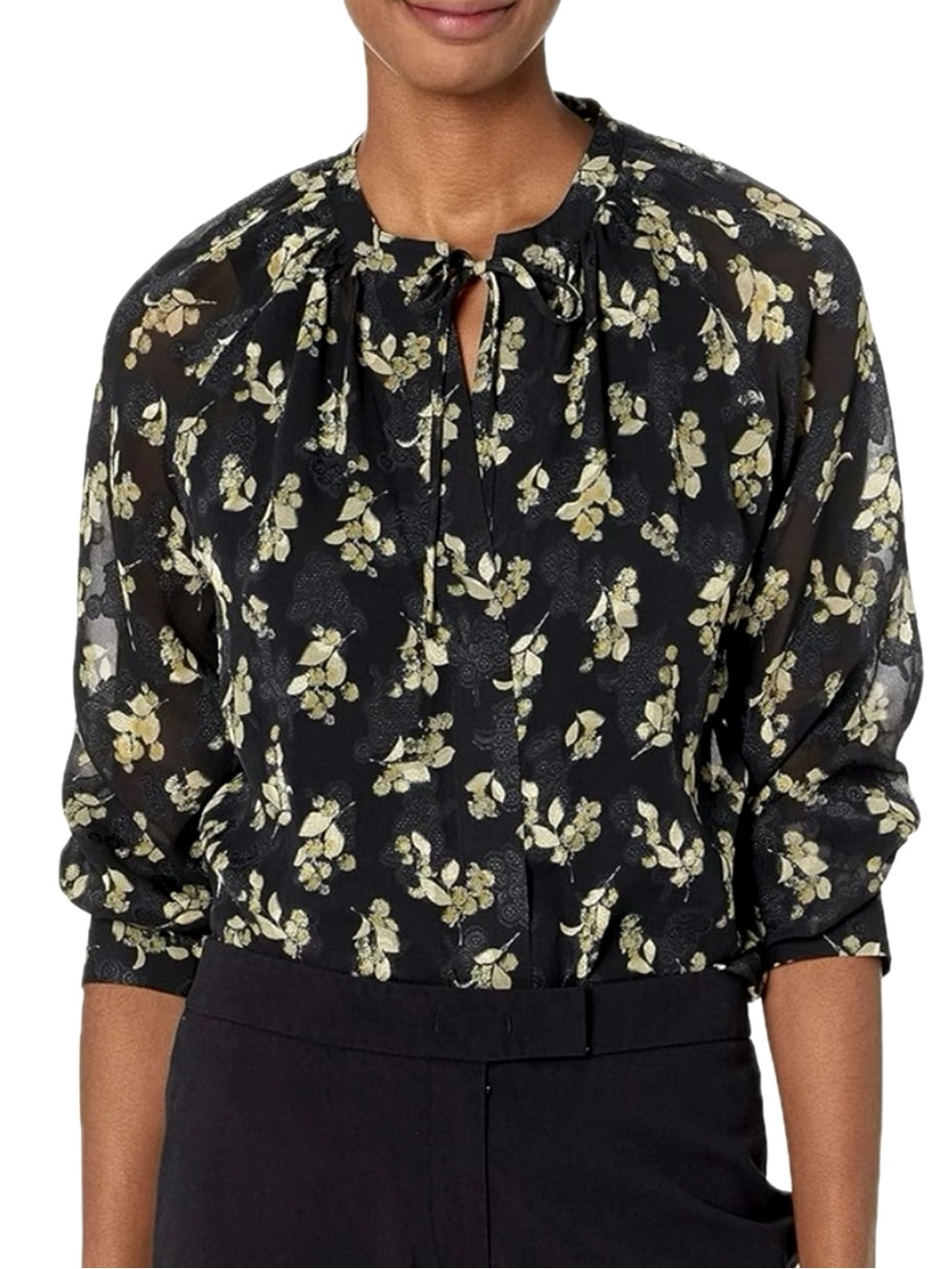 Vince 100% Silk Floral Print Textured Popover Blouse Womens Size M Black Flowy